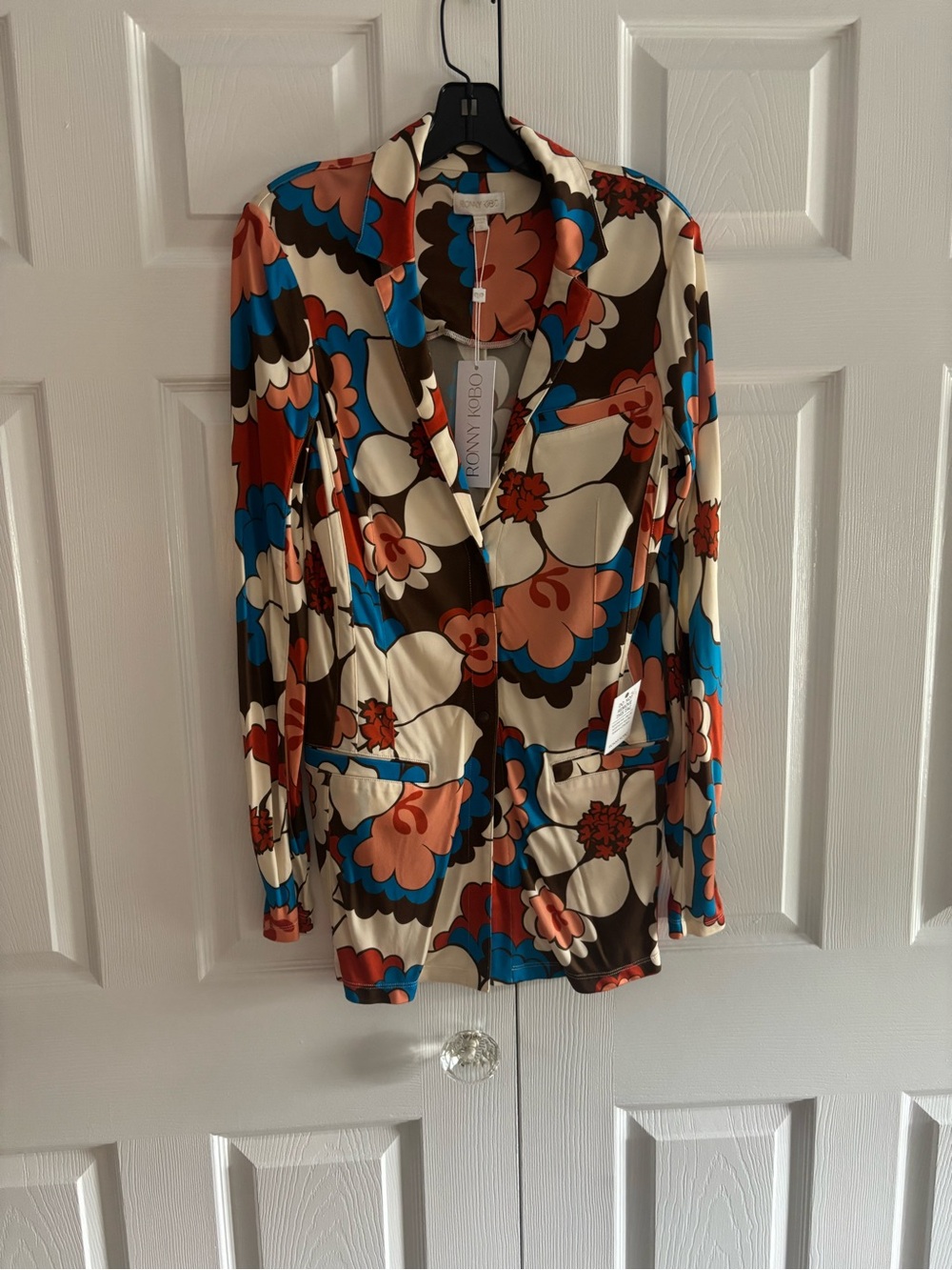Ronny Kobo Floral Print Blazer in Cream, Brown, Blue & Coral Pink